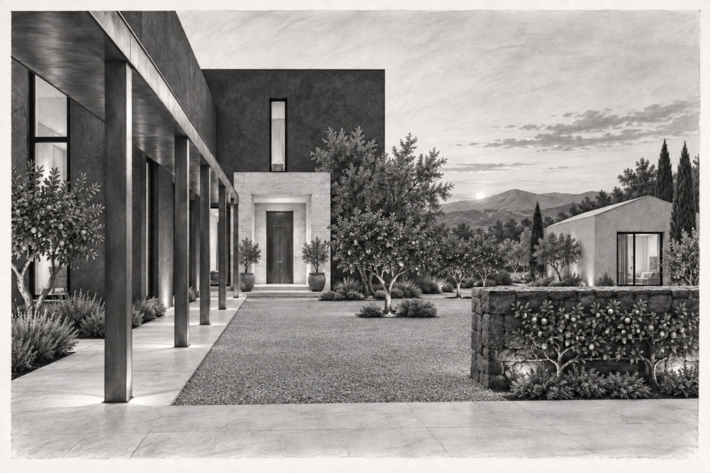 Residence wraps an orchard court beside a plaster guest pavilion.