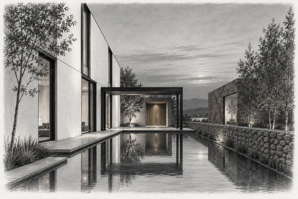 5 Strategic Shifts To Scale A Brokerage Without Burning Out 1 A narrow residence wraps a water court beside a stone studio.