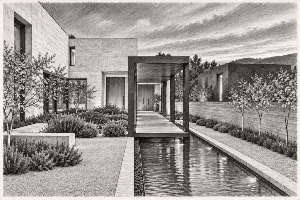 7 Data-Driven Leadership Strategies For Luxury Real Estate Teams 1 Limestone residence wrapping an herb court beside a pavilion.