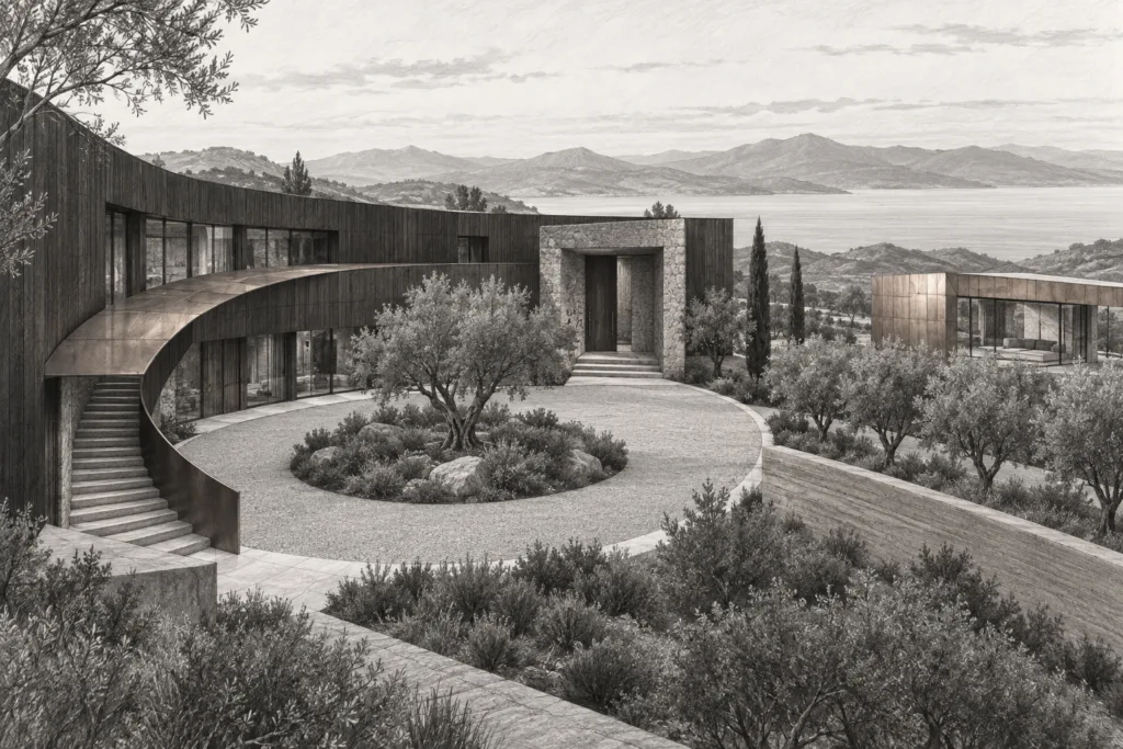 A dark cedar residence encloses an elliptical court beside a pale- pavilion.