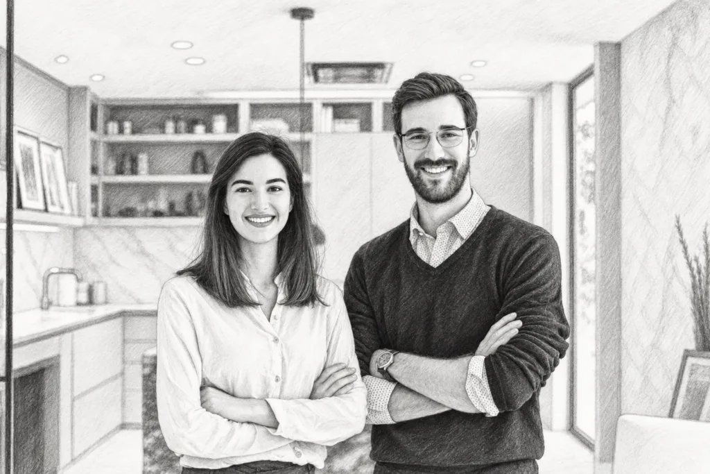 Man and woman standing together in a bright kitchen.