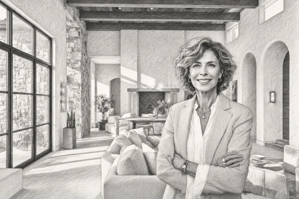 Smiling woman standing in a living room.