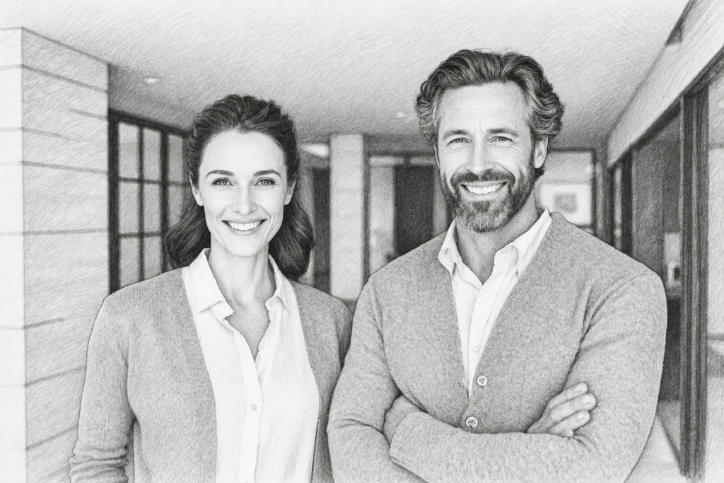 Smiling man and woman standing together indoors.