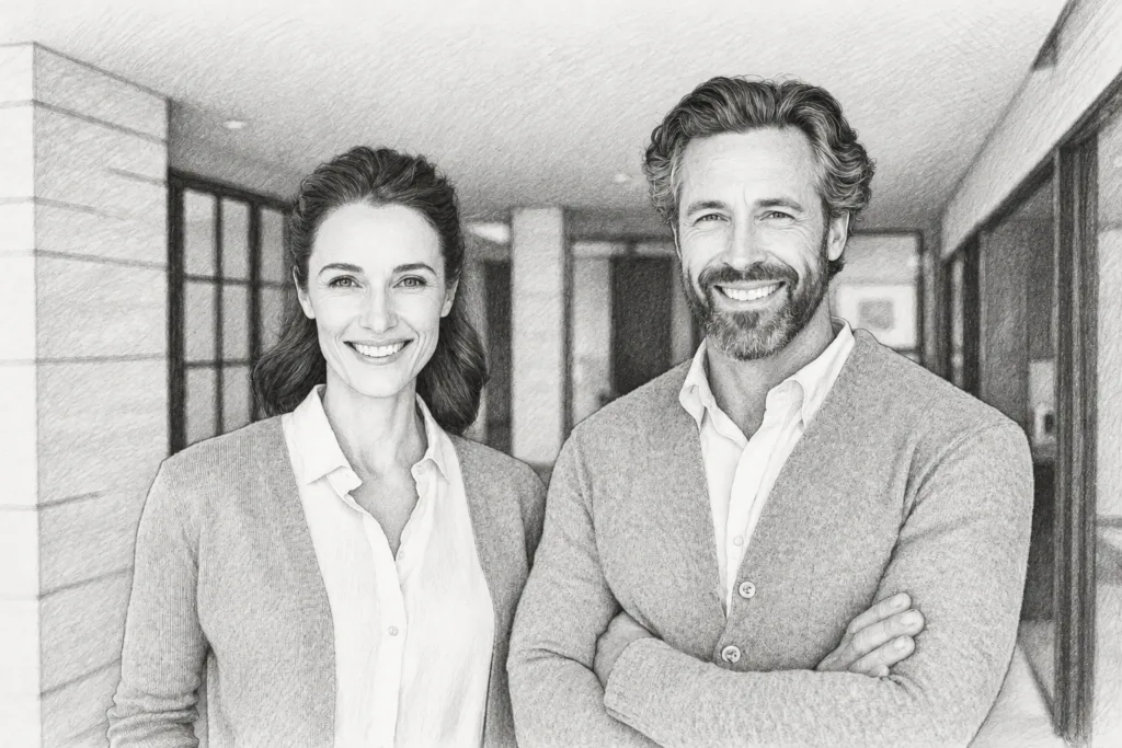 Smiling man and woman standing together indoors.