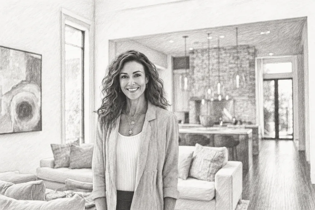 Smiling woman standing in a living room.
