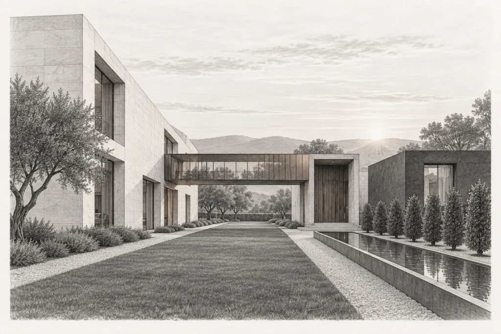 A folded limestone residence frames a linear garden beside an ink plaster studio.