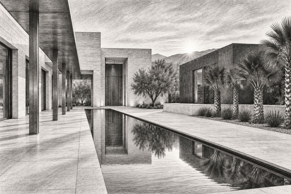 Essential Insights For Luxury Real Estate Brokerage Leaders 1 Limestone courtyard residence with a reflecting slot beside a study pavilion.