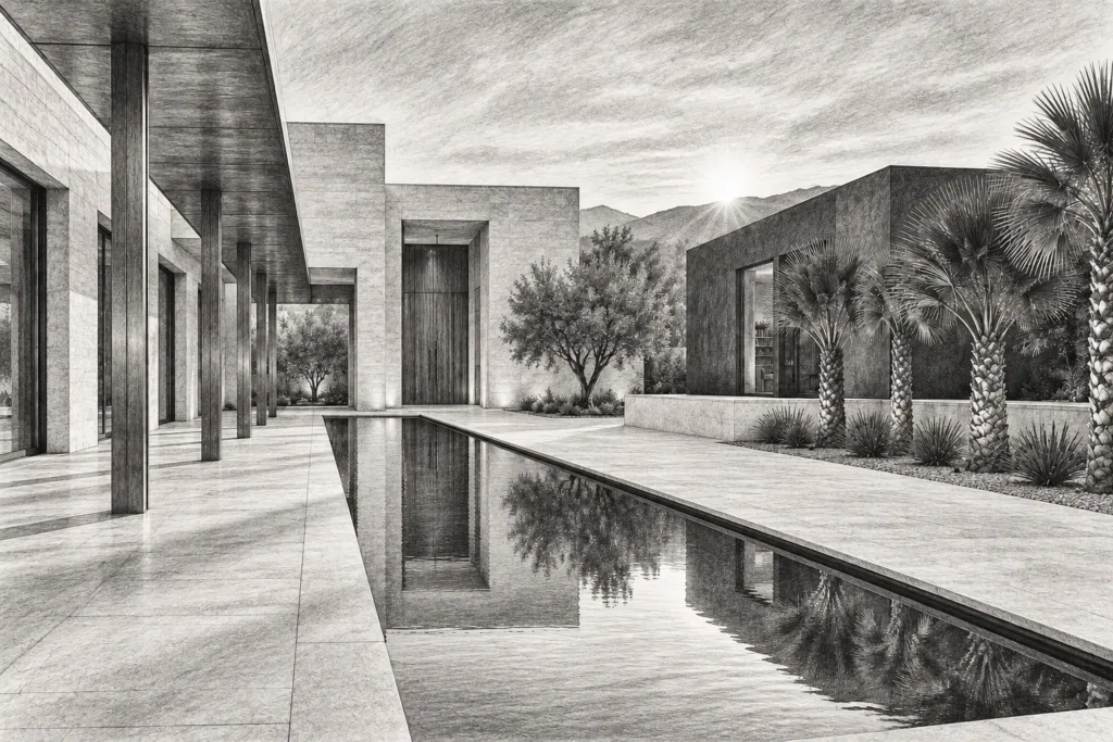 Essential Insights For Luxury Real Estate Brokerage Leaders 1 Limestone courtyard residence with a reflecting slot beside a study pavilion.
