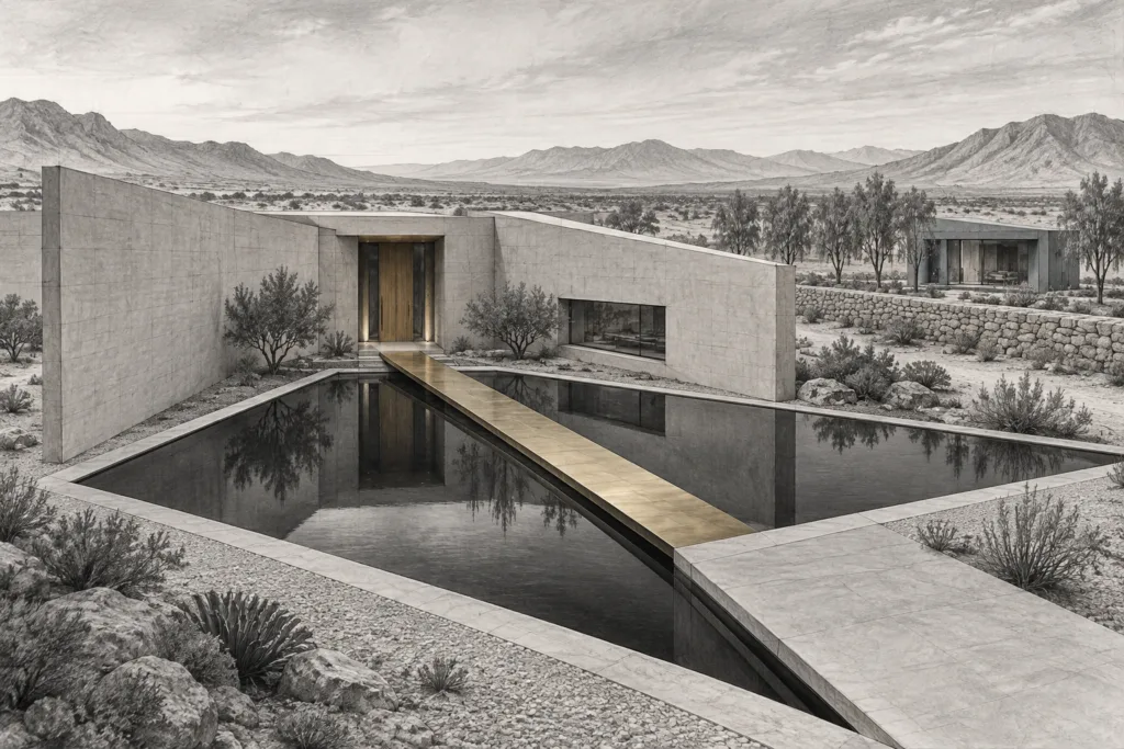 Implementing A High-Impact Team Sales Tracking Framework For Luxury Real Estate Teams 1 A sand-concrete residence forms a triangular courtyard beside a - guest house.