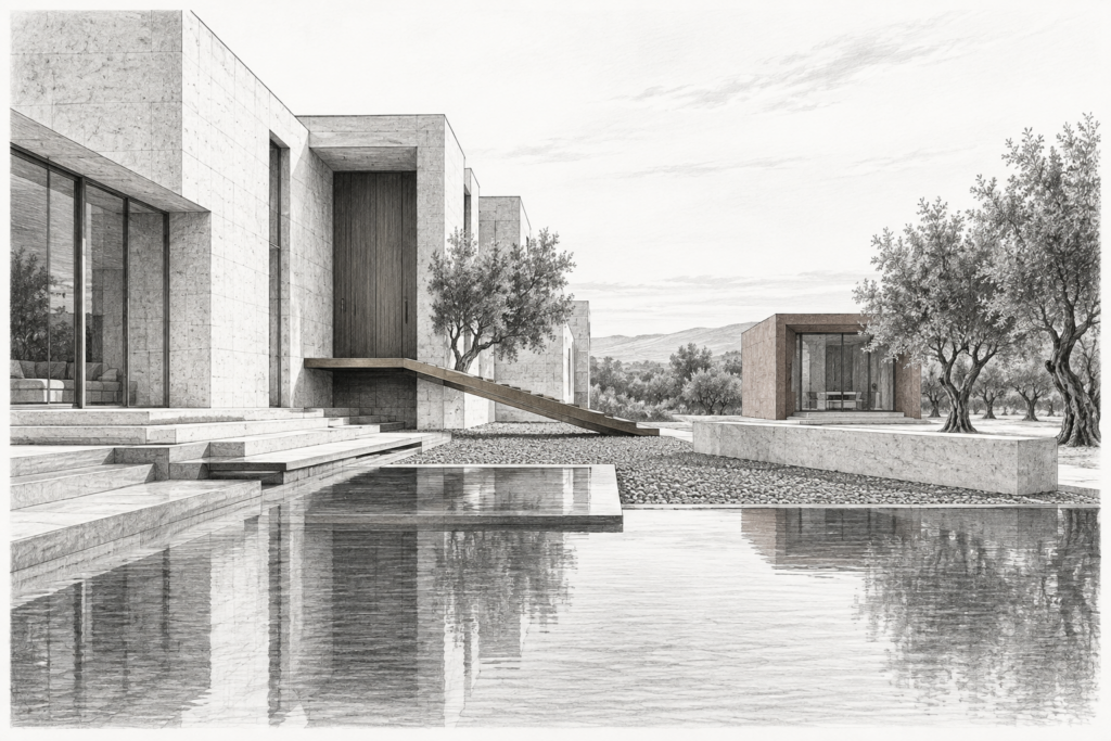 Essential Insights For Luxury Real Estate Brokerage Leaders 1 A basalt residence steps along a reflecting pool beside a studio.