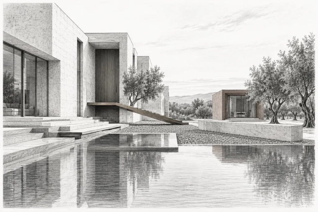 A basalt residence steps along a reflecting pool beside a studio.