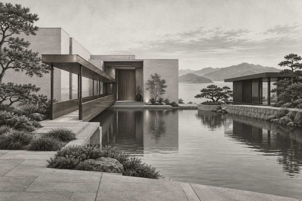 Residence encloses a deep-water courtyard beside a pavilion.