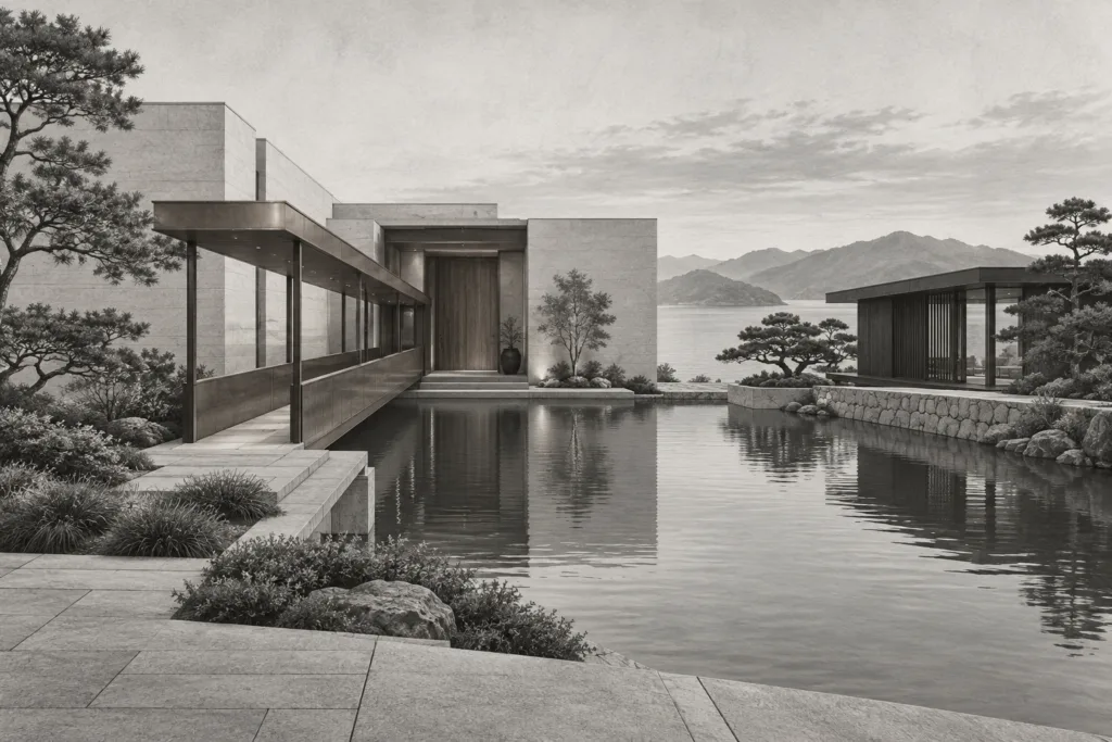 Residence encloses a deep-water courtyard beside a pavilion.