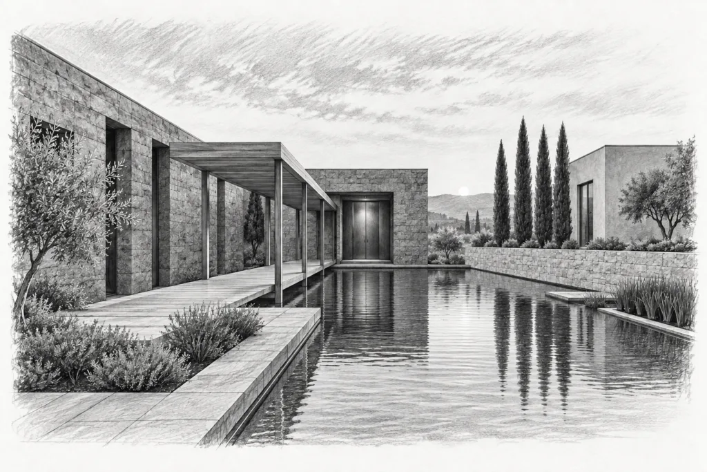 Stone residence wraps a water court beside a separate study.