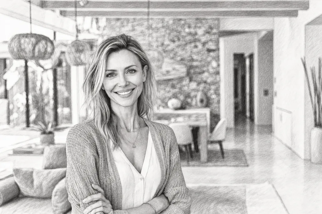 Smiling woman standing in a bright interior.