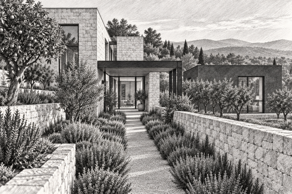 Limestone orchard residence crossing an herb court beside a guest wing.
