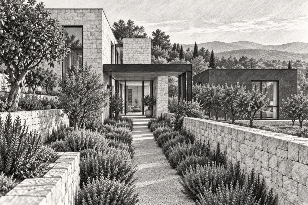 Scaling Your Luxury Real Estate Brokerage: Leadership, Systems, And Recruiting Strategies | Re Luxe Leaders 1 Limestone orchard residence crossing an herb court beside a guest wing.
