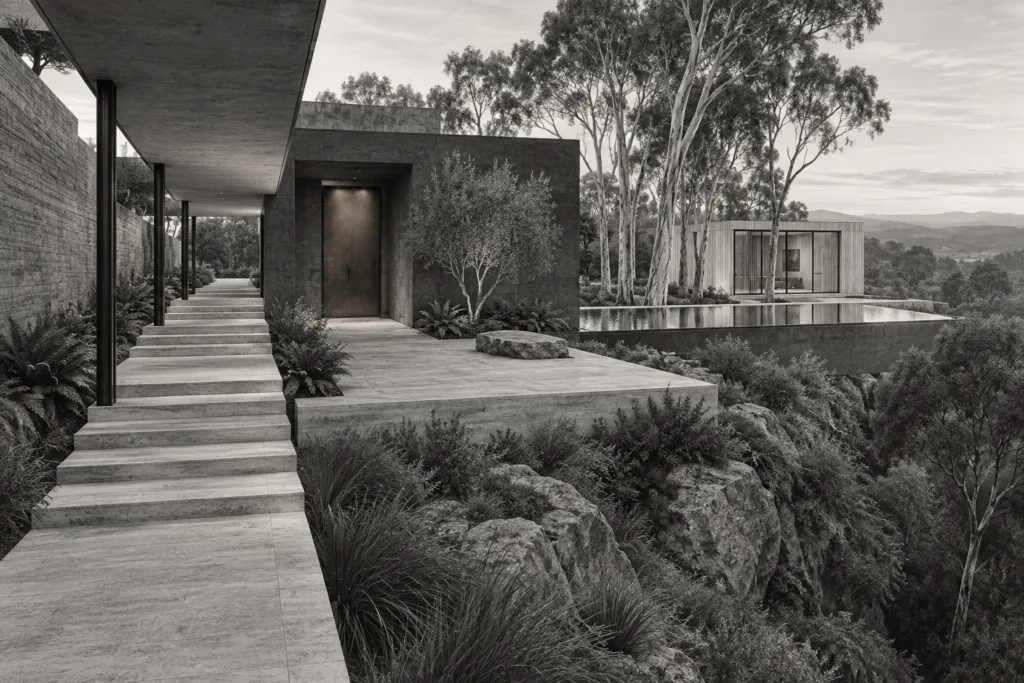 A ravine residence crosses a shaded court beside a pale-cedar studio.