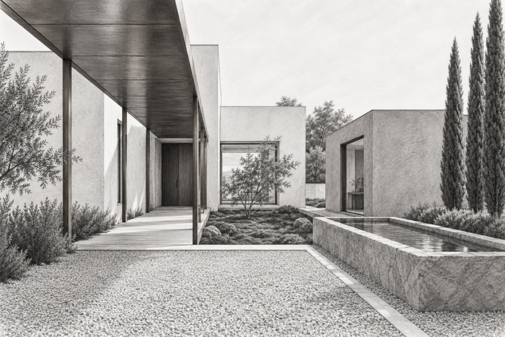 Scaling Strategies For Luxury Real Estate Brokerages: Maximize Profit And Build Elite Teams | Re Luxe Leaders 1 Residence framing a planted court beside a workroom.