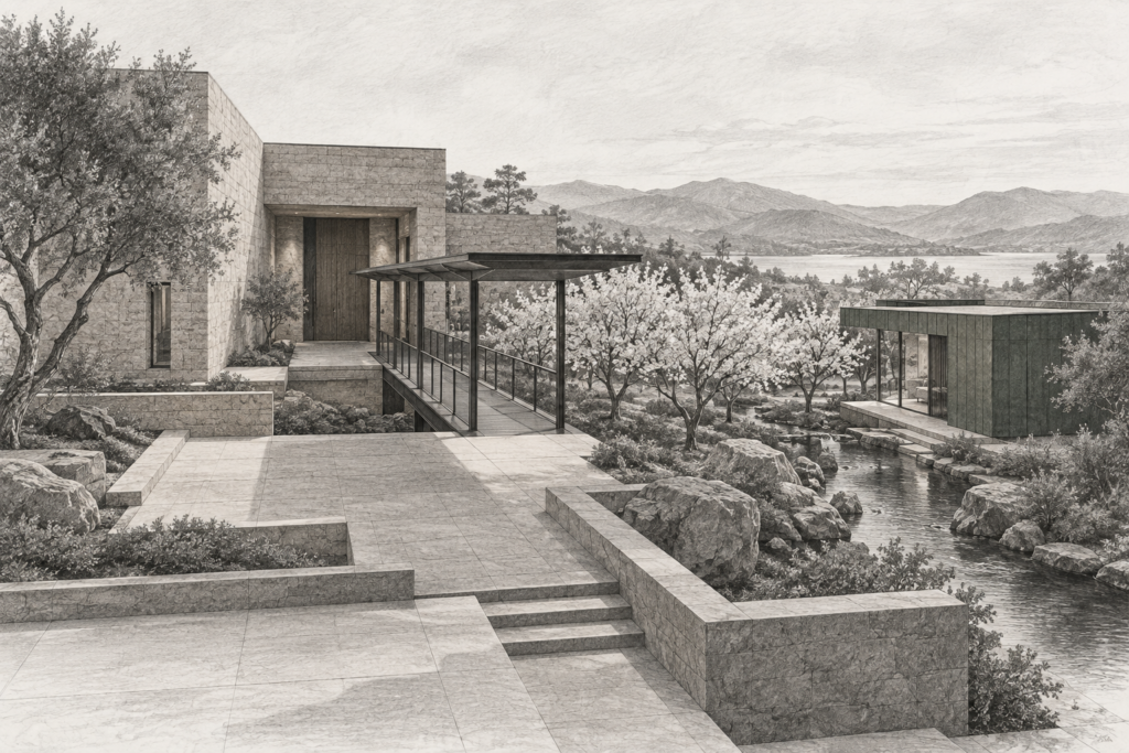 Mastering Team Leadership In Luxury Real Estate: Strategies For Elite Growth | Re Luxe Leaders 1 Residence steps around a stone garden beside a deep pavilion.