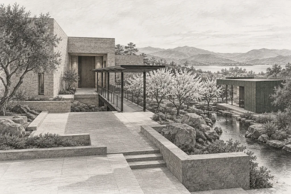 Residence steps around a stone garden beside a deep pavilion.