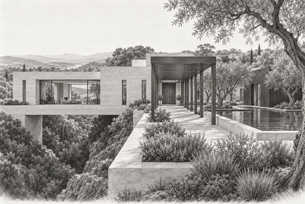 How To Scale Your Luxury Real Estate Team Without Burnout | Elite Strategies For Team Leaders 1 Residence bridging a ravine beside a guest wing and reflecting pool.