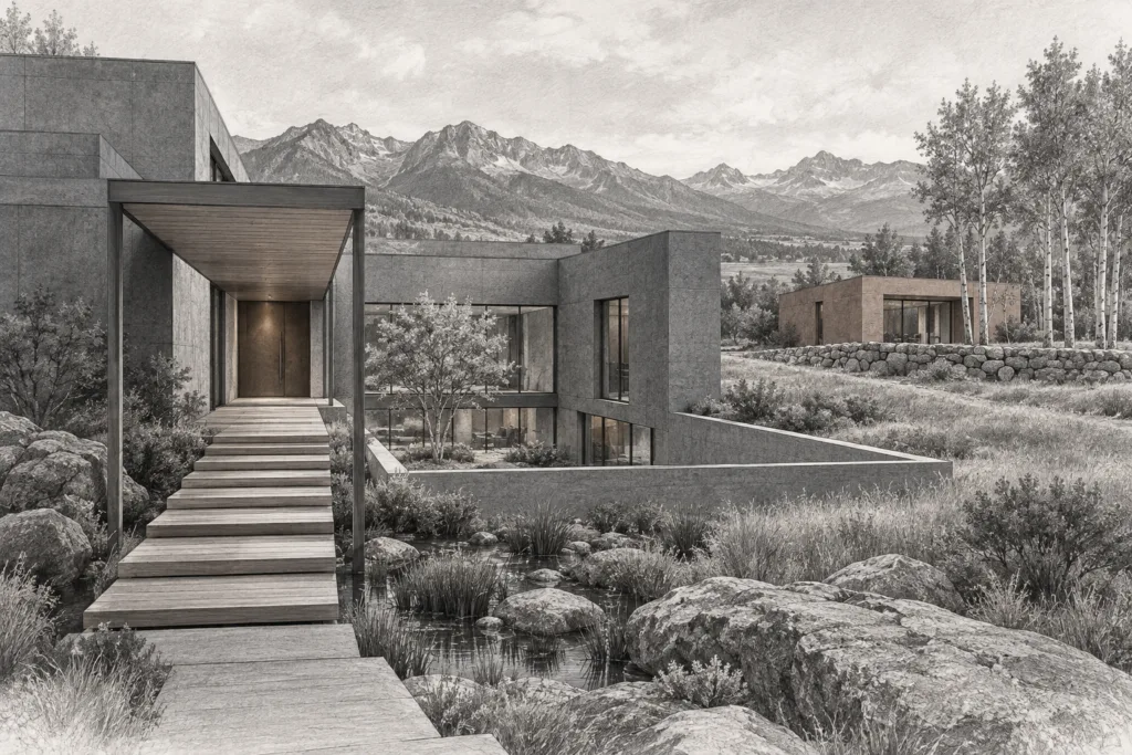 A - residence is cut around a rain garden beside a guesthouse.