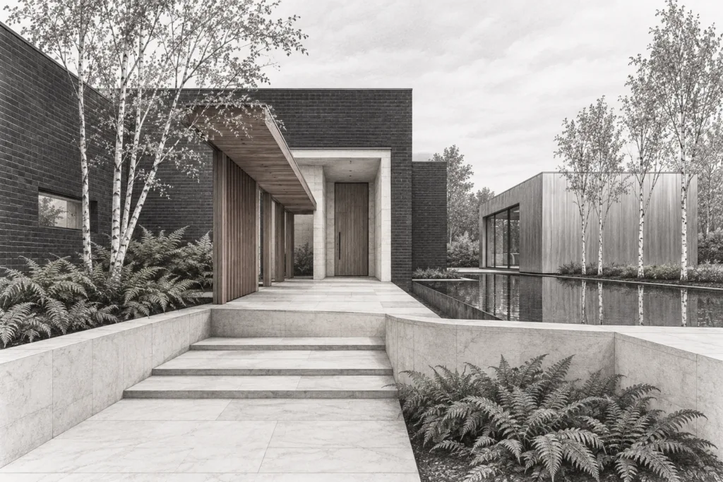 Scaling Strategies For Luxury Real Estate Team Leaders | Expert Growth & Leadership 1 A brick residence frames a fern garden beside a metal studio.