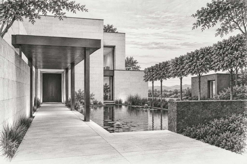 Stone residence around a water garden beside a studio.