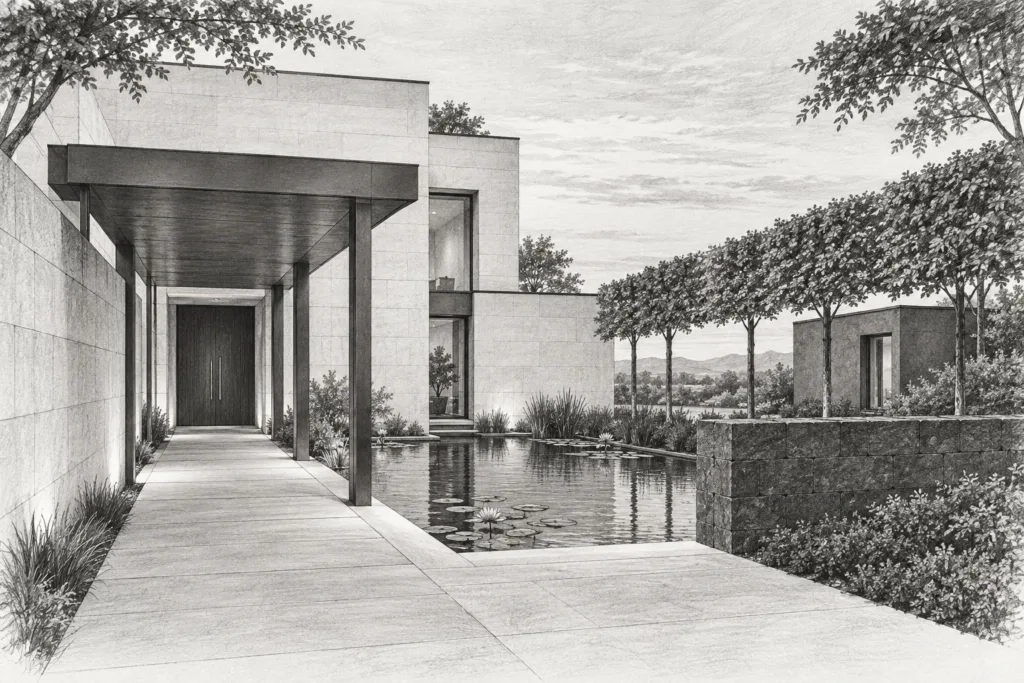 Stone residence around a water garden beside a studio.