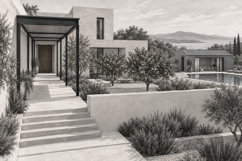 Scaling Strategies For Luxury Real Estate Brokers: Maximizing Profit And Leadership Impact | Re Luxe Leaders 1 A sand-colored residence wraps a citrus court beside a - pool house.