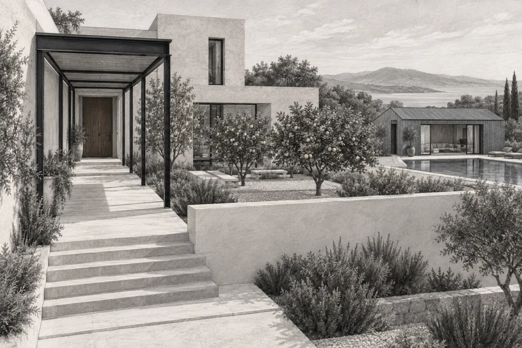 A sand-colored residence wraps a citrus court beside a - pool house.