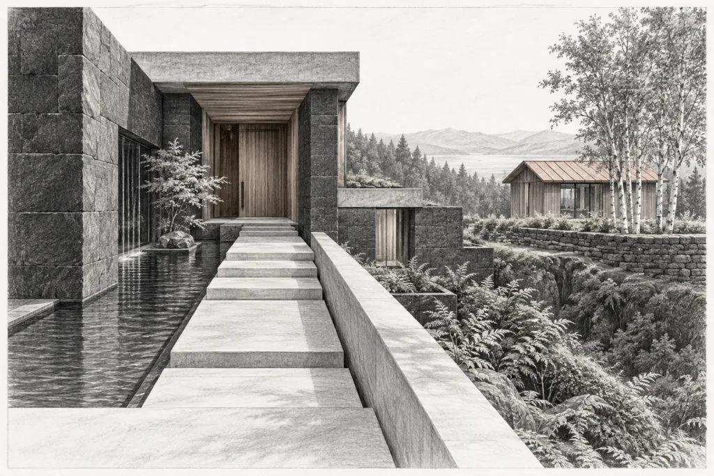 A stepped basalt residence descends through a water court beside a roofed studio.
