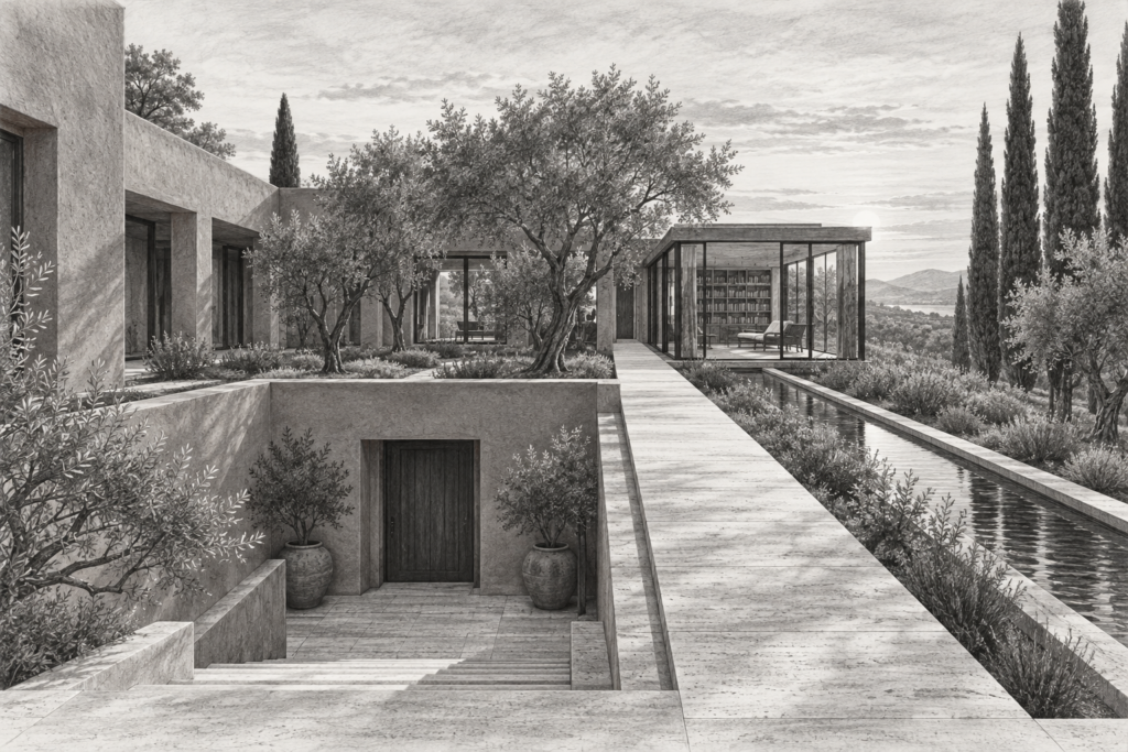 Elite Boundaries: Productivity Systems To Scale Without Burnout | Luxury Real Estate Scaling 1 Courtyard residence framing an olive garden beside a glass-walled library.