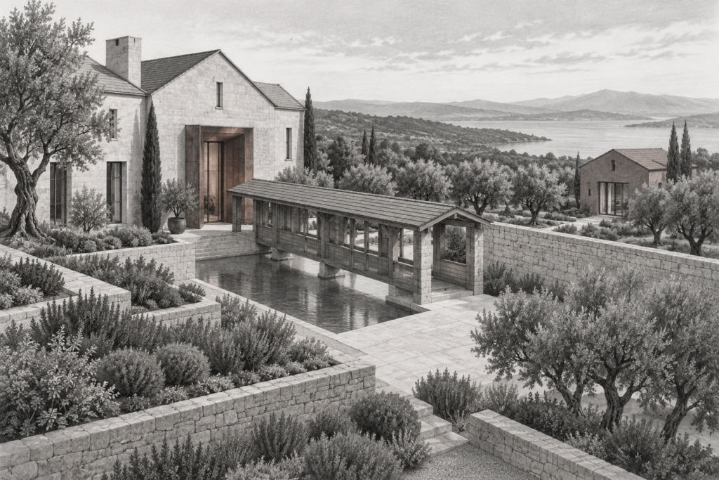 A pale- terraced residence crosses a garden court beside a studio.