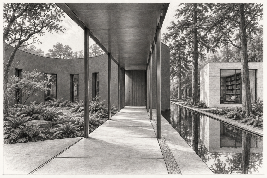 Residence forms a fern court beside a separate library.