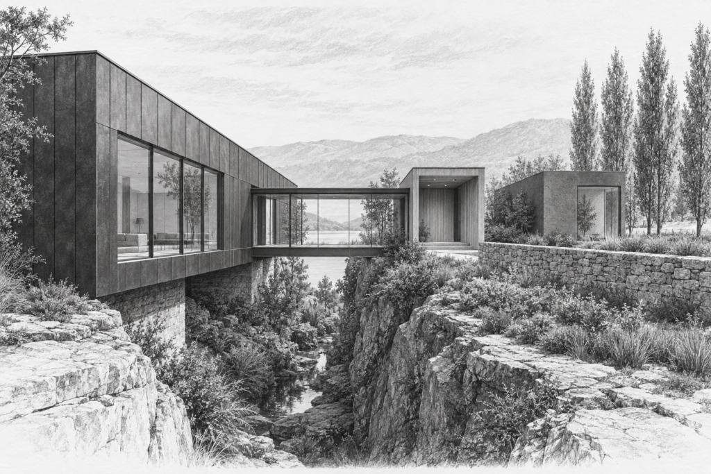 Ravine residence crossing a planted slot beside a studio.