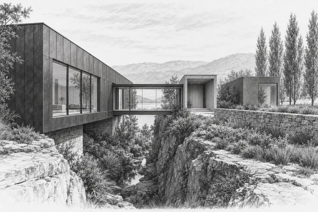 Ravine residence crossing a planted slot beside a studio.