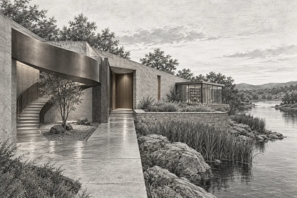 Unconventional Kpis Elite Agents Track For Explosive Growth | Luxury Real Estate Kpis 2025 1 A sand-concrete river residence wraps a rain court beside a -glass study and tall rushes.