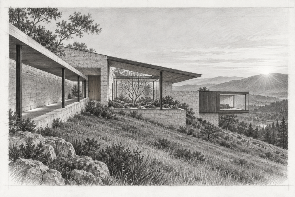 Uncovering Hidden Global Luxury Markets For 2025 Expansion | Strategic Insights For Luxury Real Estate Leaders 1 Stone hillside residence with a folded roof and winter garden.