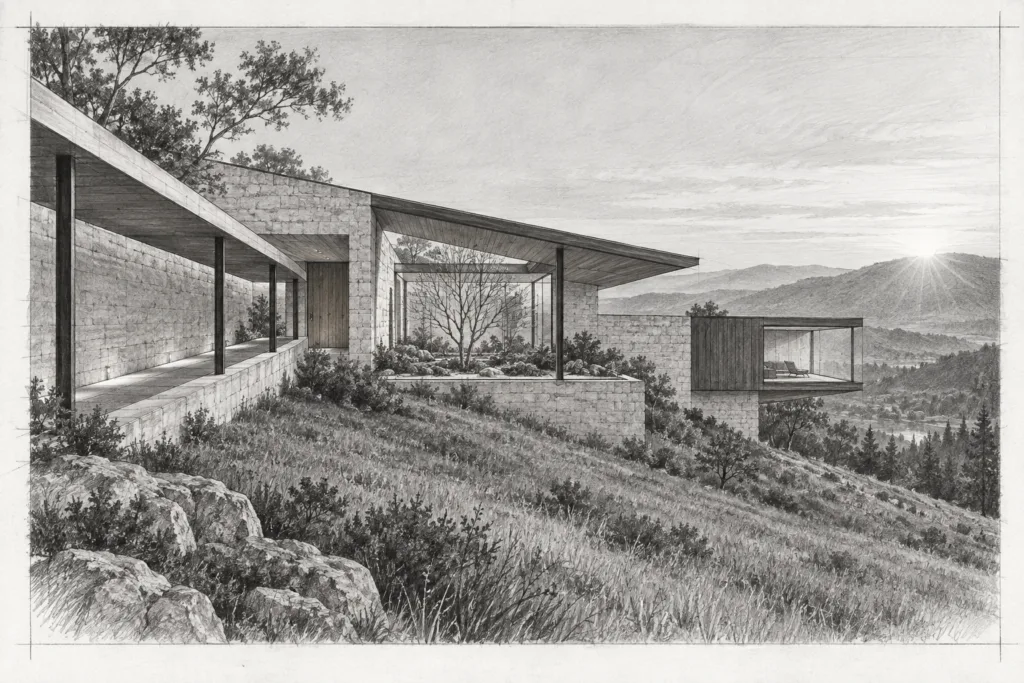 Uncovering Hidden Global Luxury Markets For 2025 Expansion | Strategic Insights For Luxury Real Estate Leaders 1 Stone hillside residence with a folded roof and winter garden.