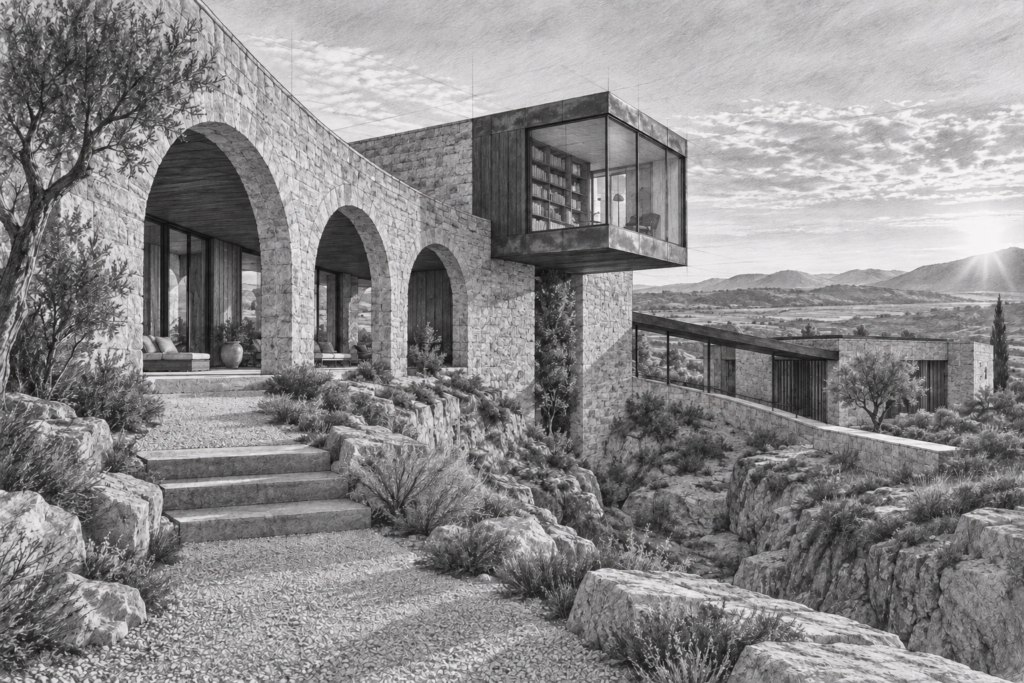 Task Triaging: Unconventional Productivity Hacks For Elite Agents | Luxury Real Estate Productivity Systems 1 Masonry residence curves along a dry garden with a cantilevered library box and covered ramp.
