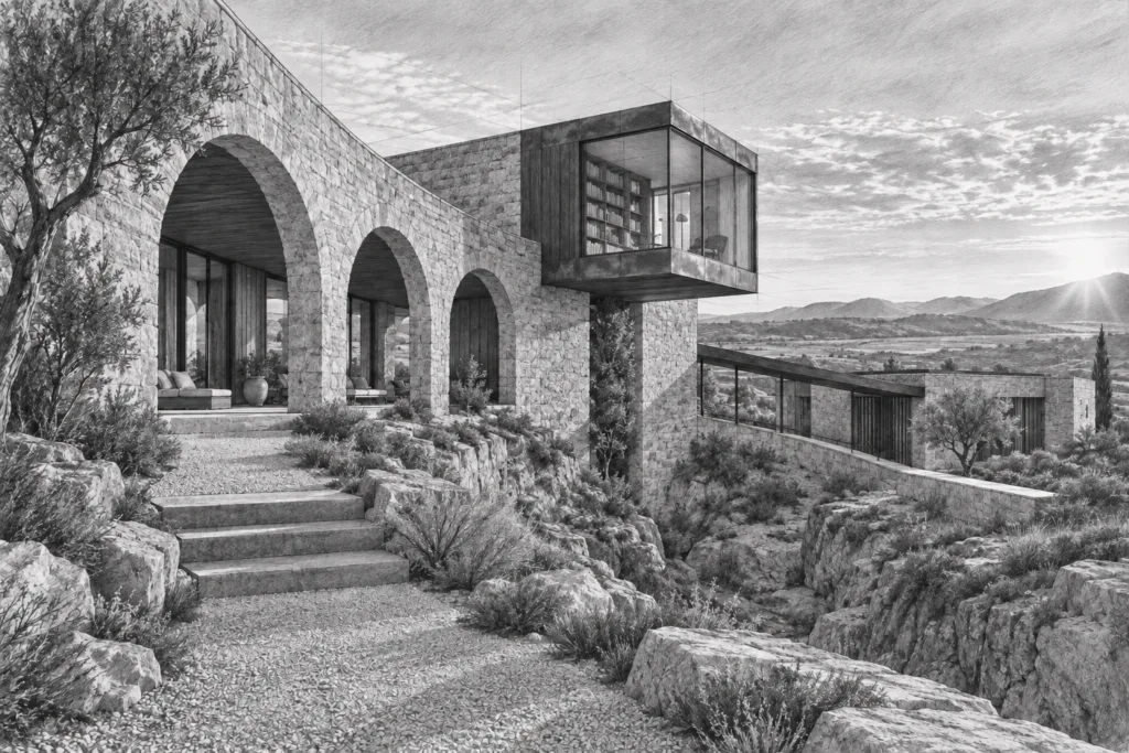 Task Triaging: Unconventional Productivity Hacks For Elite Agents | Luxury Real Estate Productivity Systems 1 Masonry residence curves along a dry garden with a cantilevered library box and covered ramp.