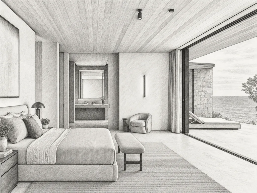 Bedroom opening to a mountain view.