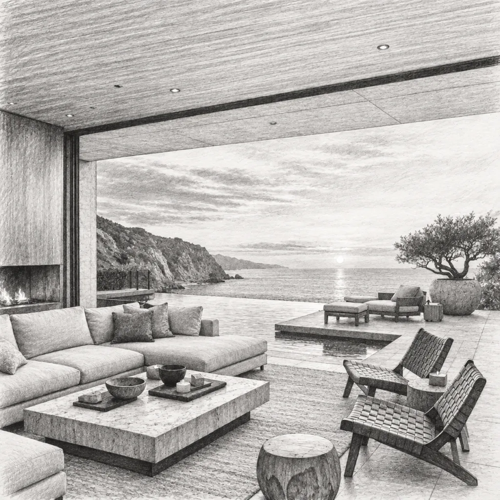 6 Systems For Luxury Real Estate Objection Handling 1 Open living room with seating and ocean view through broad glazing.