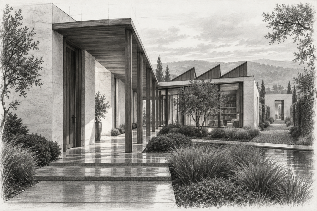 A limestone residence uses a covered gallery and planted side court to connect two quiet living volumes.