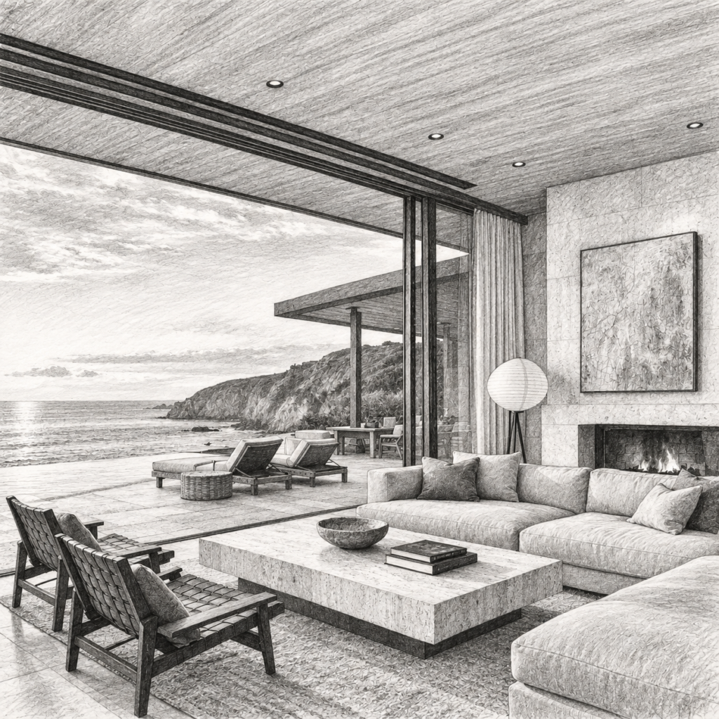 Open-plan living room with seating and a view through large windows.