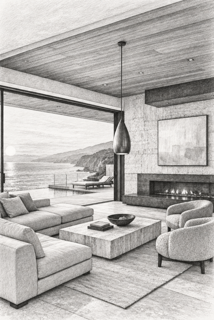 7 Luxury Real Estate Referral Strategies For Scalable Growth 1 Living room with fireplace and water view.
