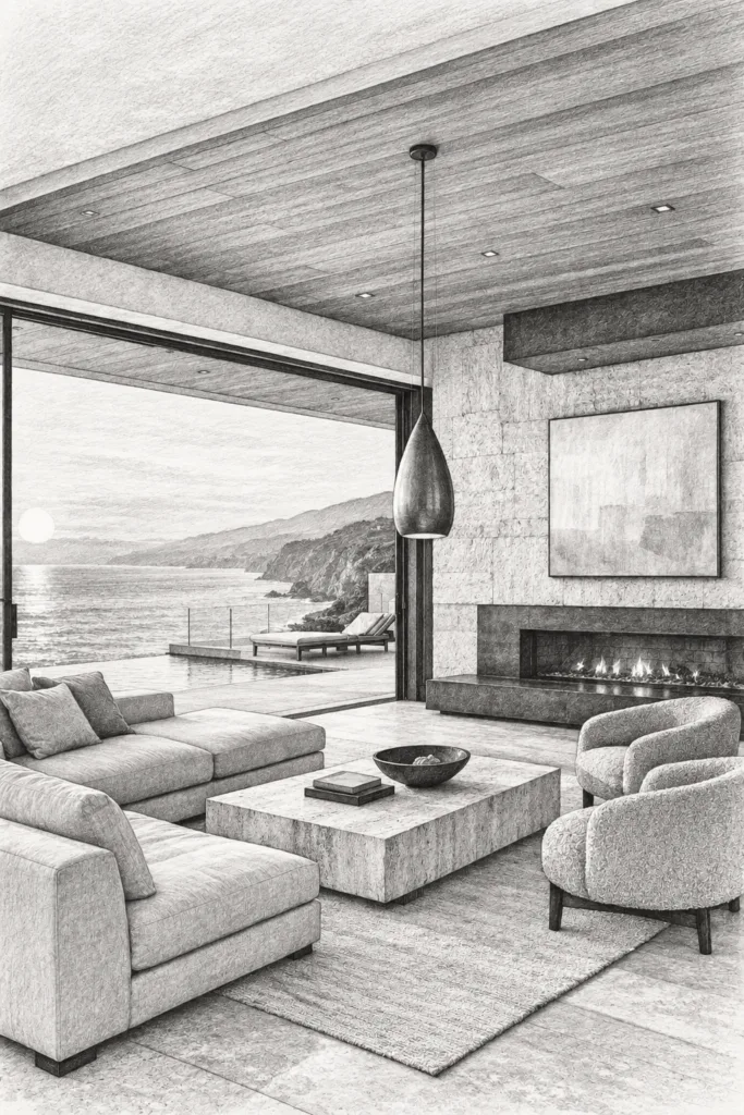 7 Luxury Real Estate Referral Strategies For Scalable Growth 1 Living room with fireplace and water view.