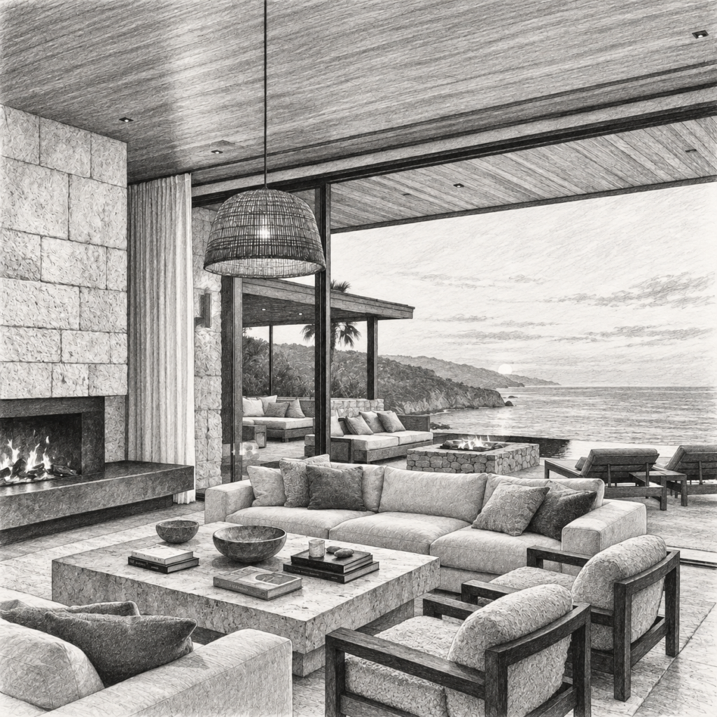 Living room opening to a covered terrace and ocean view.